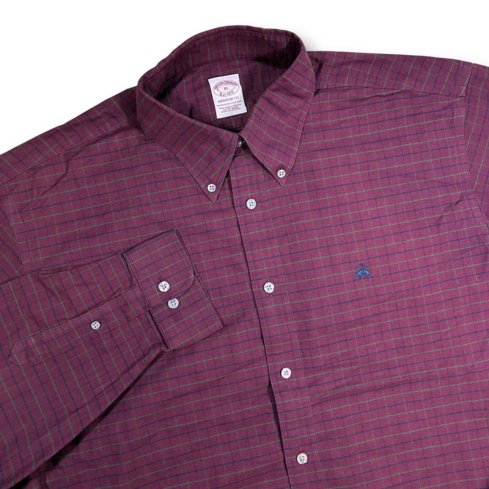 Brooks Brothers Madison Fit Plaid Button Down Shirt Mens XL‎ Stretch Cotton Red